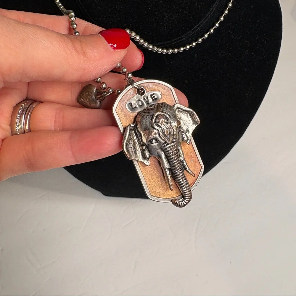 Kate Mesta Dog Tag Necklace Elephant Love Heart Adjustable Silver/Peachy Copper